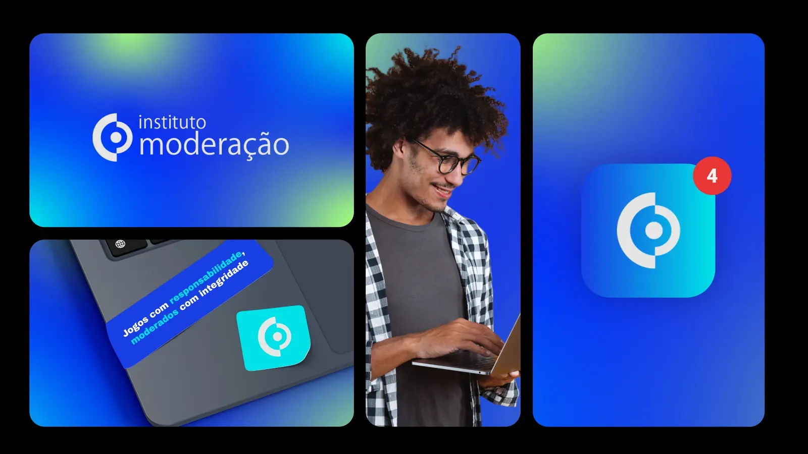 Identidade visual do Instituto Moderação aplicada em app, adesivo e comunicação digital